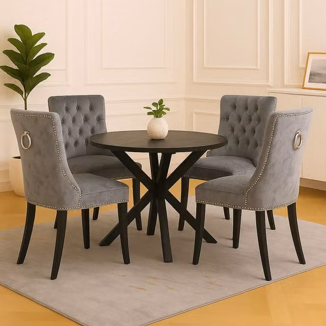 Neo Set of Four Studded Velvet Dining Chairs with Ring Knocker Detail in Light Grey