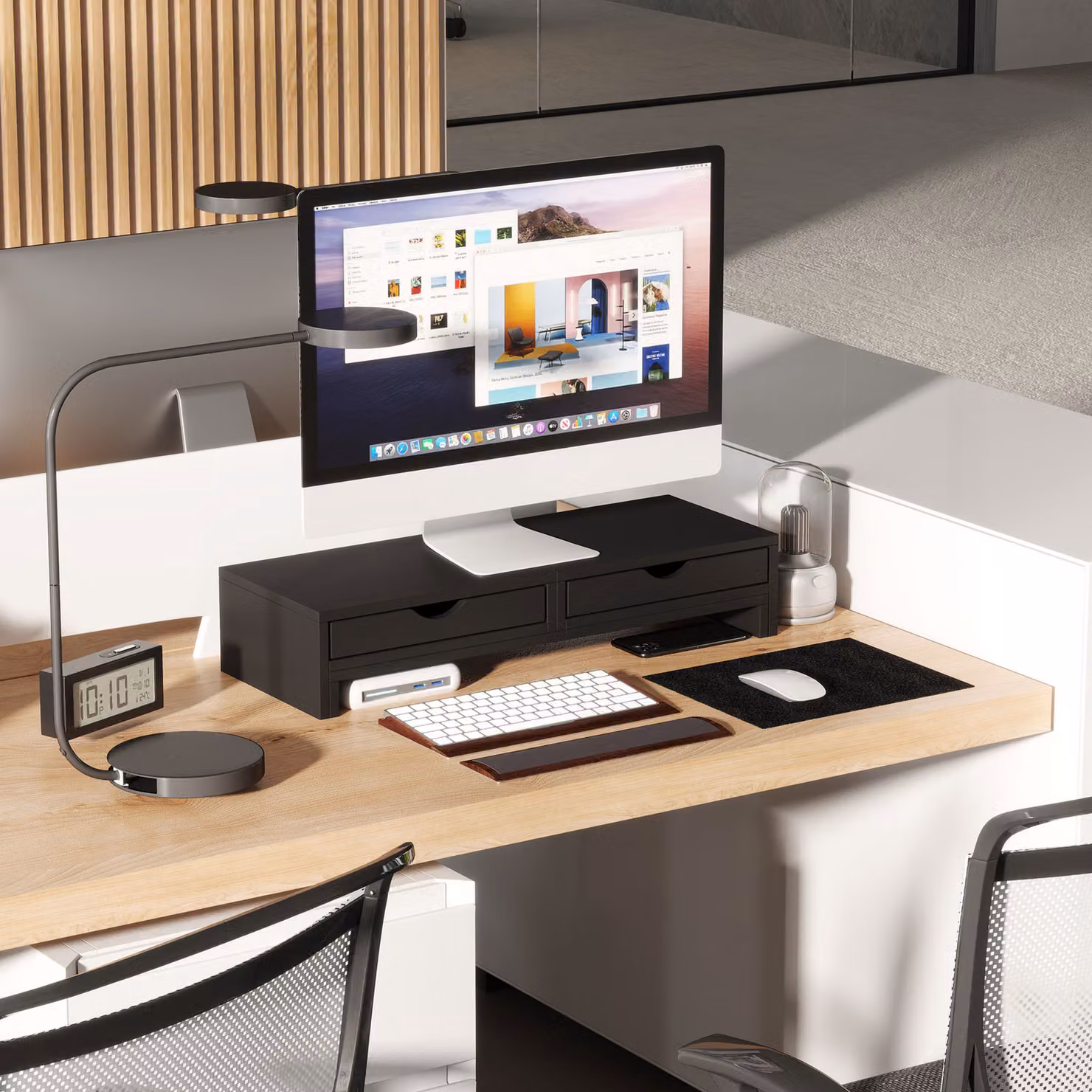 HOMCOM Dual Monitor Stand Riser with 2 Drawers, Adjustable Length and Angle, Black – 8