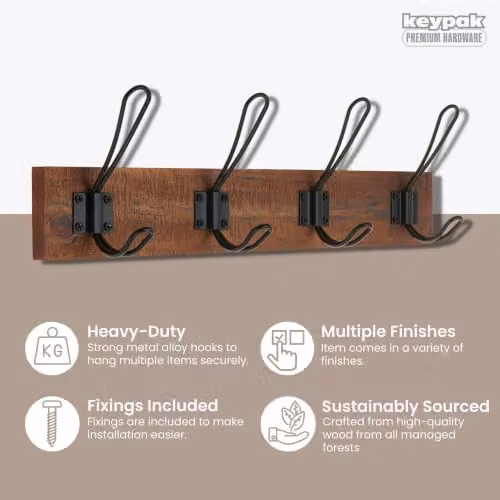 keypak Rustic Wall Mounted Coat Rack with 4 Double Wire Hooks in Brown and Black – 2