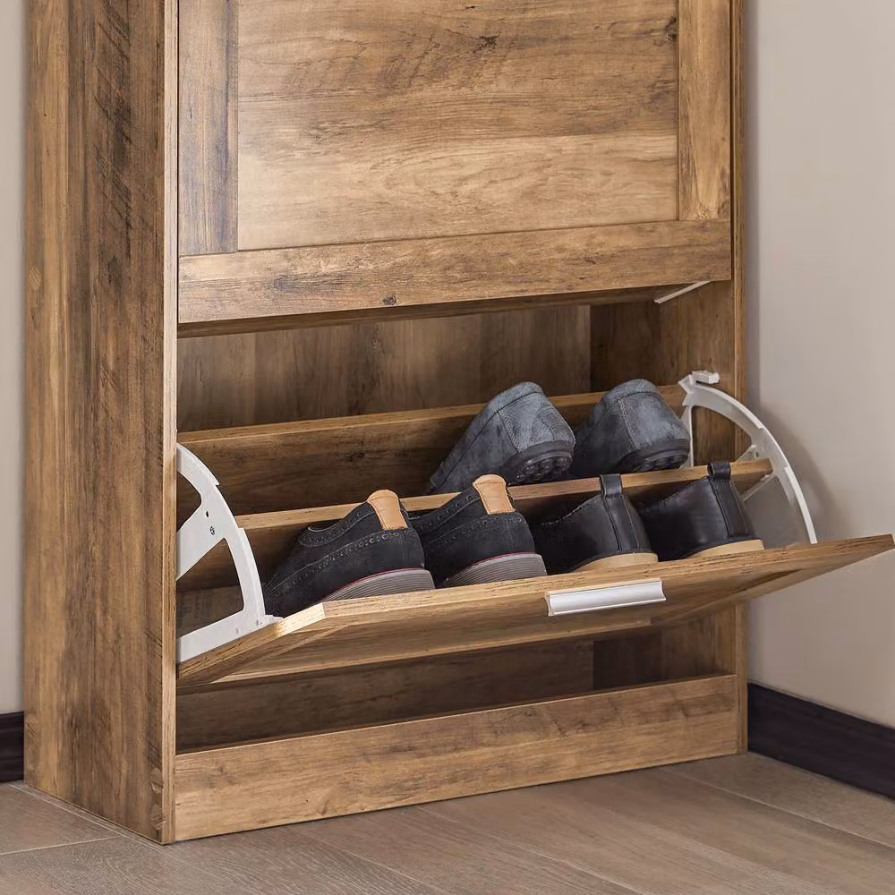 SoBuy Modern Slim Shoe Cabinet in Brown with Tilting Compartments and Internal Shelves – 3