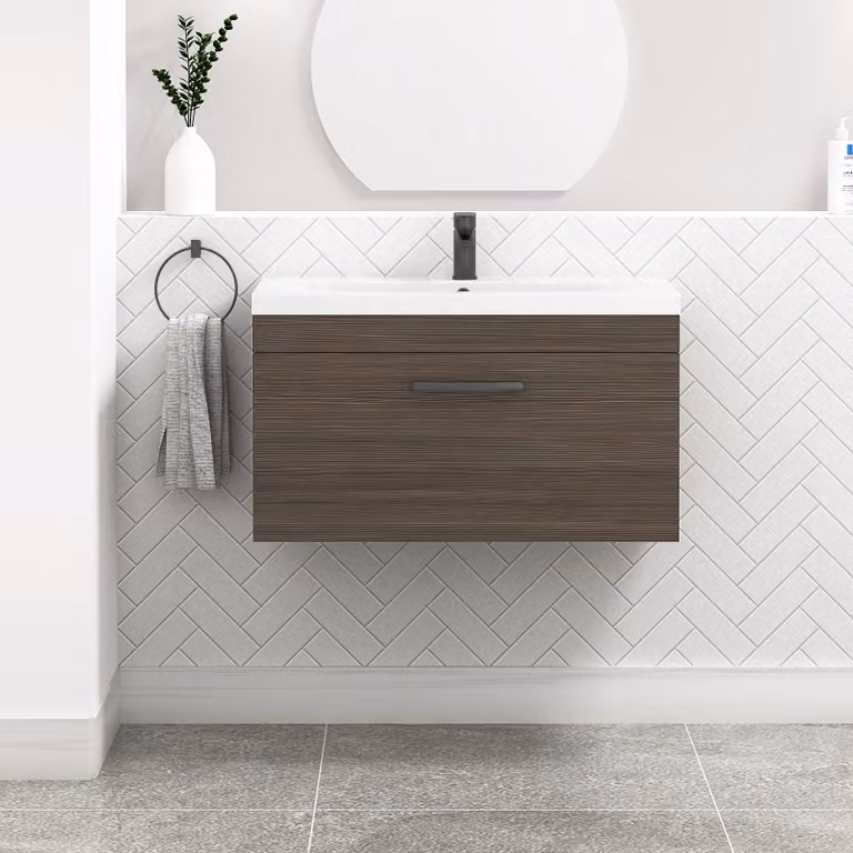 Royal Bathrooms Turin 800mm Wall Hung Vanity Sink Unit in Grey Elm with Mid-Edge Basin and Matt Black Handle