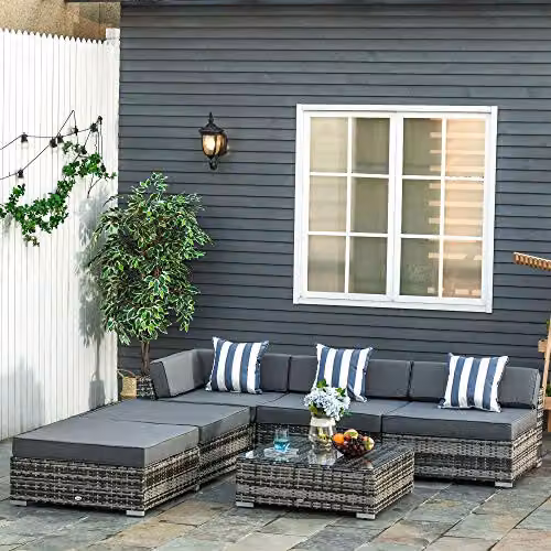 Outsunny 6 Piece Grey Rattan Garden Furniture Set with L-Shape Sofa, Ottoman, Coffee Table and Upholstered Cushions – 2