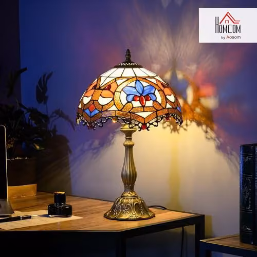 HOMCOM Art Nouveau Stained Glass Tiffany Table Lamp in Blue and Multicolour, W/D/H: 25 x 25 x 45 cm – 2