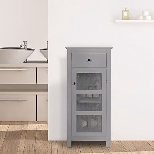 Teamson Home Grey Modern Freestanding Bathroom and Living Room Cabinet with Glass Doors and Internal Shelves H: 91.4 cm, W: 38.1 cm, D: 35.6 cm – 2