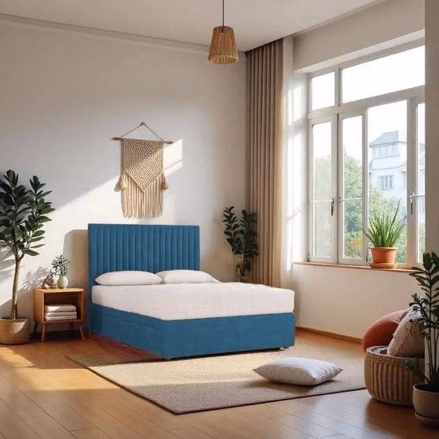 Knight Sleep Emily No Draw Divan Bed Base with Headboard in Light Blue Plush Velvet, W/D/H: 90 x 190 cm