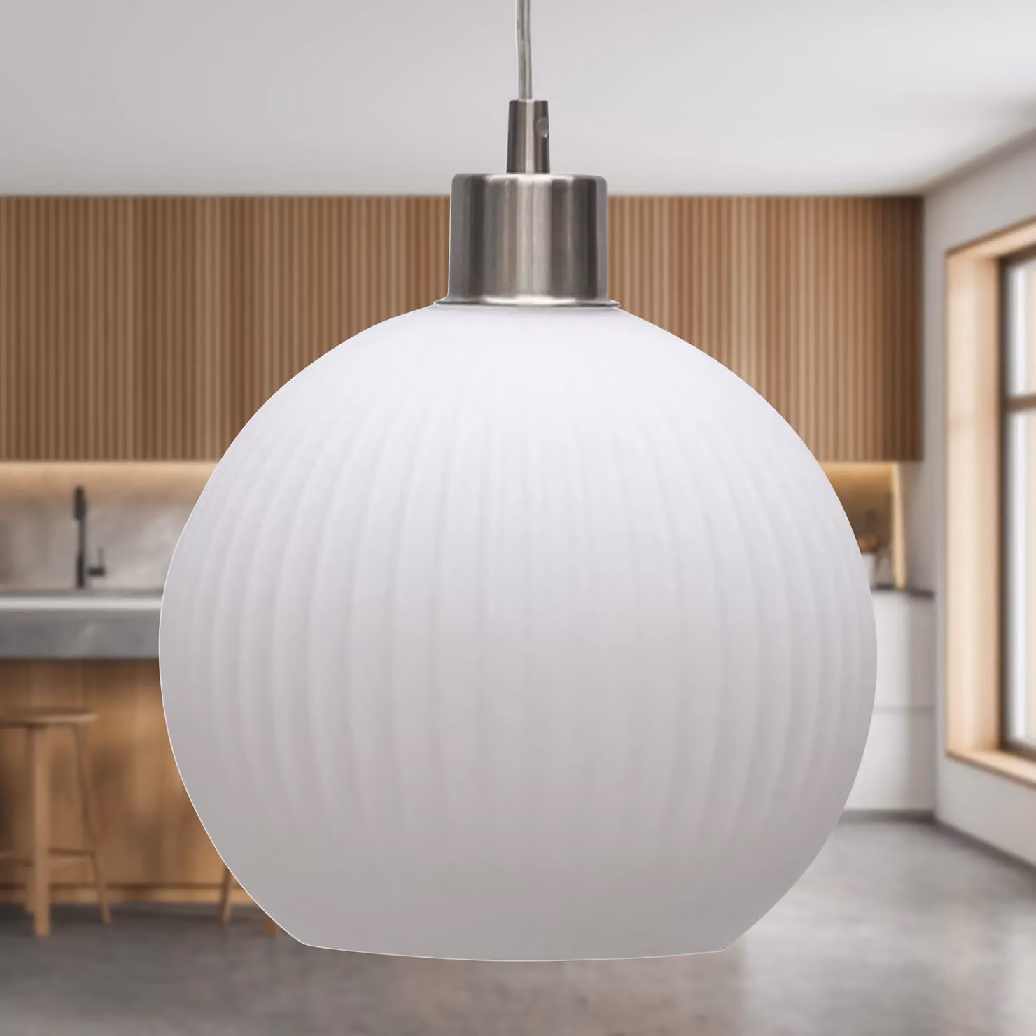 First Choice Lighting Betchley Set of 2 White Ribbed Glass Globe Pendant Lights with Satin Nickel Finish – 2