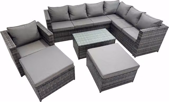 Fimous 9-Seat L-Shaped Rattan Garden Sofa Set with Coffee Table and Ottoman in Dark Grey Mixed