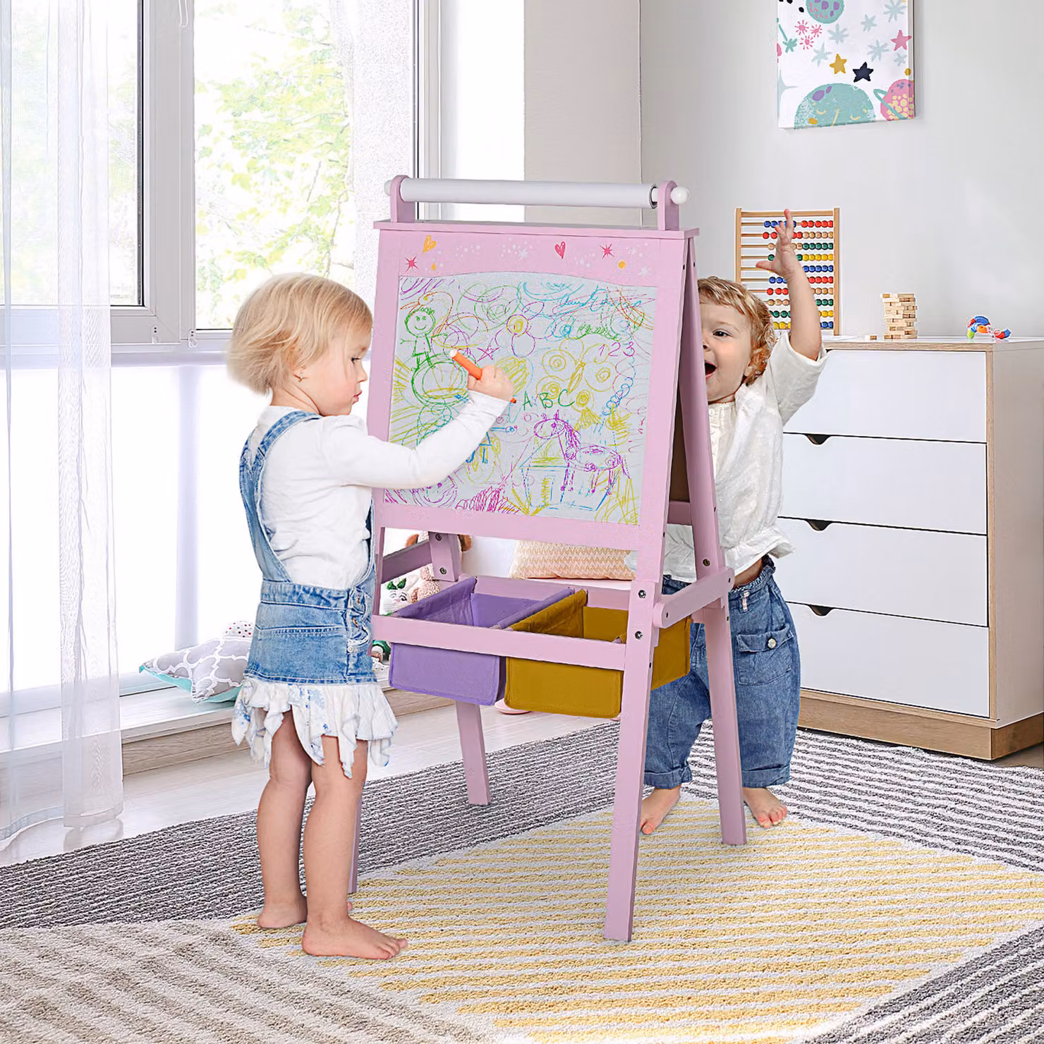 HOMCOM 3-in-1 Kids Wooden Art Easel with Paper Roll, Double-Sided Chalkboard and Whiteboard with Storage Baskets, Pink – 2