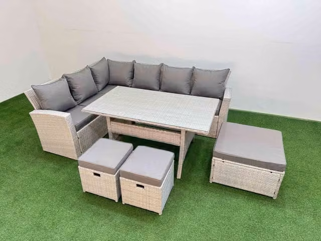Fimous 9 Seater Rattan Garden Furniture Set with Dining Table and 3 Footstools in Light Grey