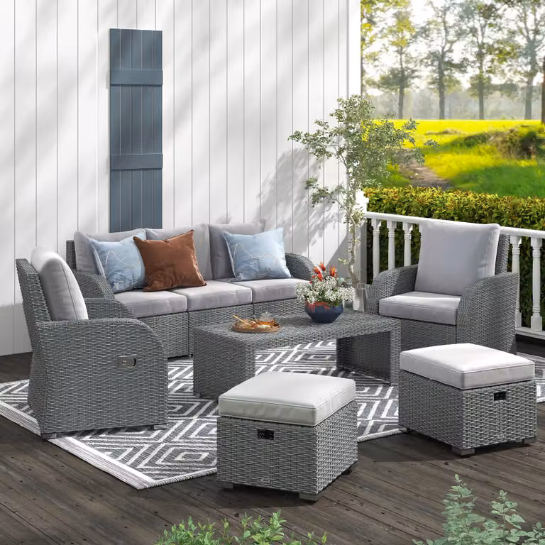 Outsunny 7-Seater Rattan Patio Furniture Set in Light Grey with Coffee Table, Footstool and Reclining Chairs