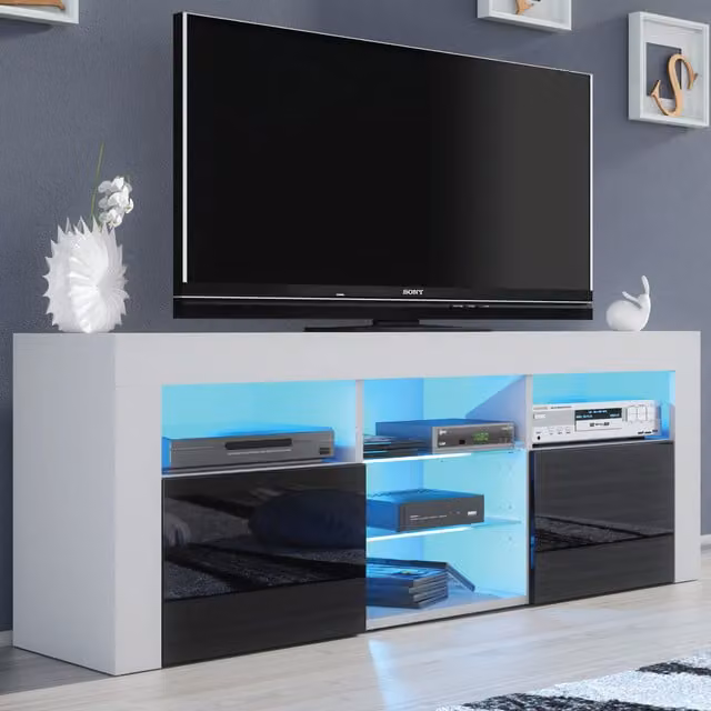 Creative Furniture Pulse TV Unit in White and Black with Glossy Finish, W: 145 cm, D: 35 cm, H: 53 cm