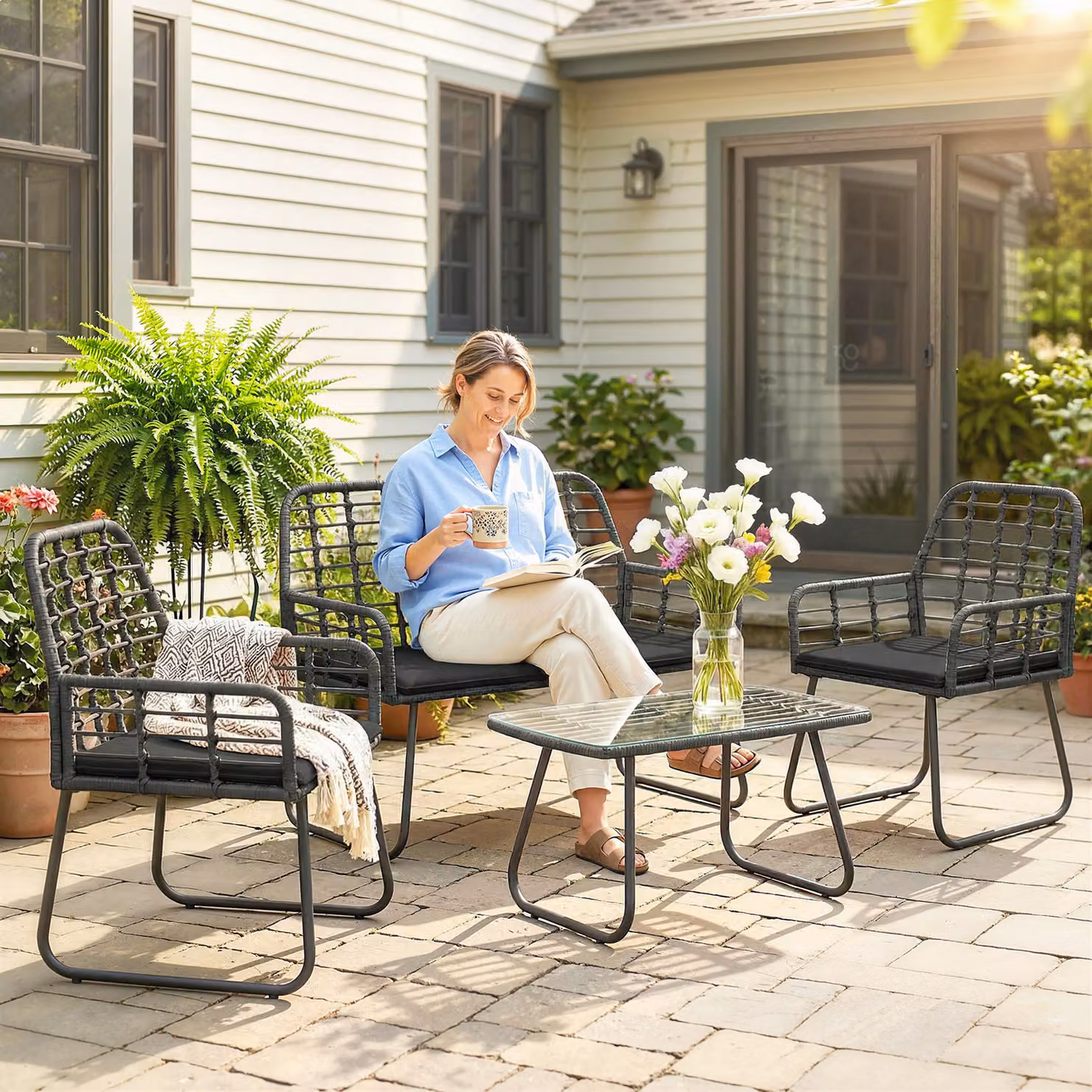 Outsunny 4 Piece Rattan Garden Furniture Set with Loveseat, Armchairs and Glass Coffee Table – 2