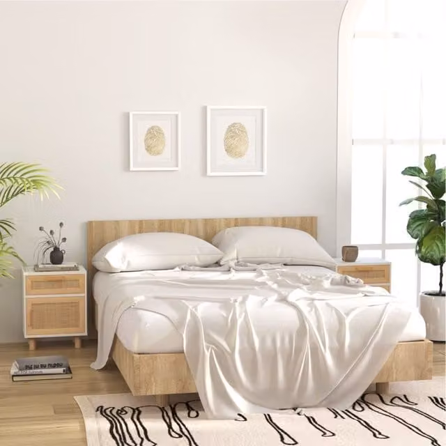 Berkfield Home Set of 2 White Solid Pine Bedside Cabinets with Natural Rattan