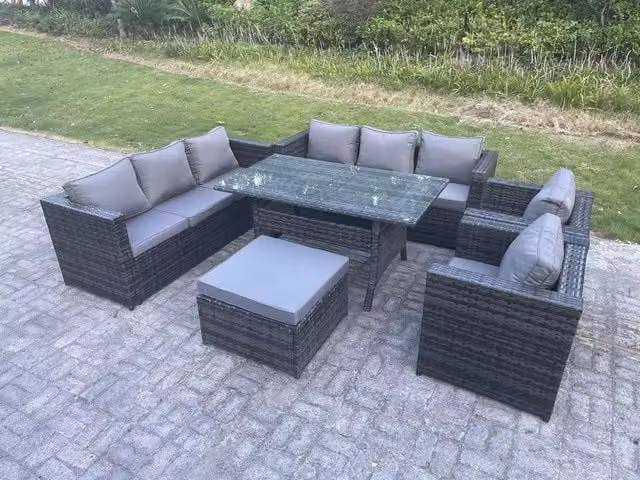 Fimous 9 Seater Rattan Garden Furniture Set with Dining Table, 2 Armchairs and Large Footstool in Dark Grey