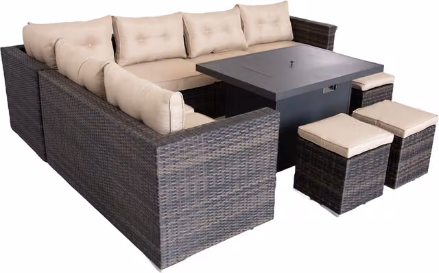 Furniture One 9 Seater L-Shape Rattan Corner Fire Pit Table Set in Brown with Upholstered Cushions