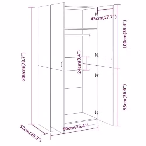 vidaXL Smoked Oak Wardrobe with Hinged Doors, W/D/H: 90 x 50 x 200 cm – 3
