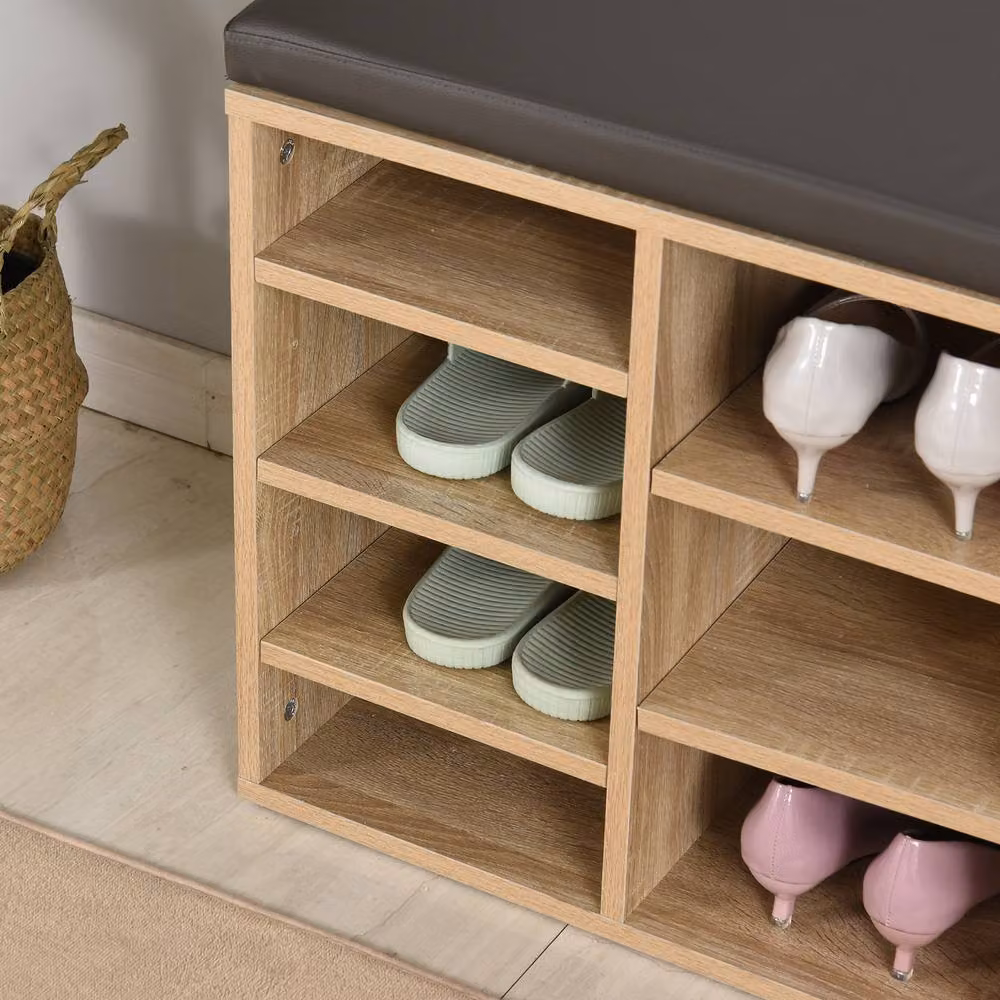 STILVORA Shoe Cabinet with 14 Compartments and Beige Seat Cushion in Natural Wood Finish – 7