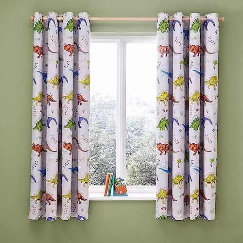 Catherine Lansfield Prehistoric Dinosaur Reversible Eyelet Curtains, Multicolour, W: 168 cm, H: 183 cm