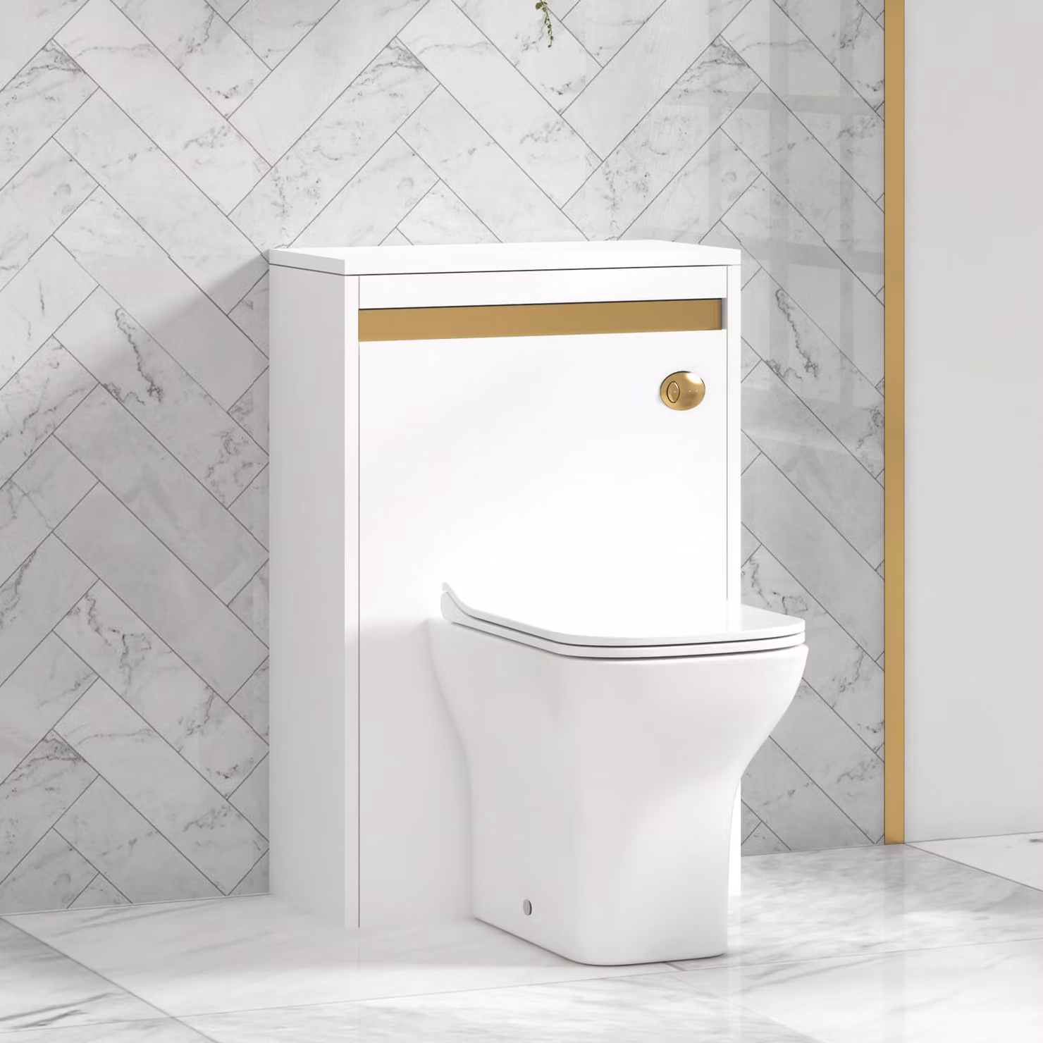 Royal Bathrooms Orion 540mm Matt White Back to Wall WC Unit with Qubix Rimless Ceramic Toilet Pan, Slim Soft Close Seat and Cistern with Brushed Brass Accent Trim