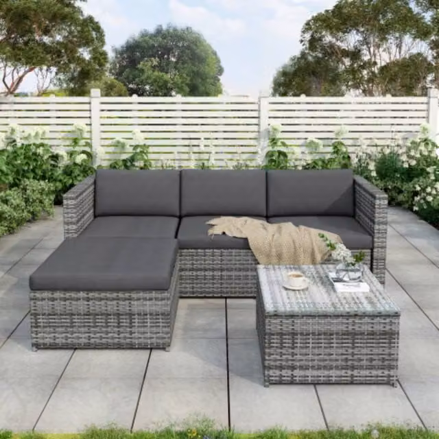 Tokpiedi Modern L-Shape Outdoor Rattan Wicker Patio Sofa Set with Coffee Table and Matching Ottoman in Grey