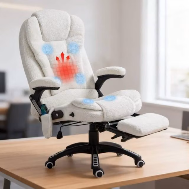 ERGOVEXA White Boucle Fabric Six-Point Massage Executive Office Chair with Armrests and 360 Degree Swivel