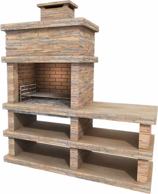 Callow Londres Light Stone Masonry Charcoal BBQ with Side Table and Shelving in Grey, Brown and Beige