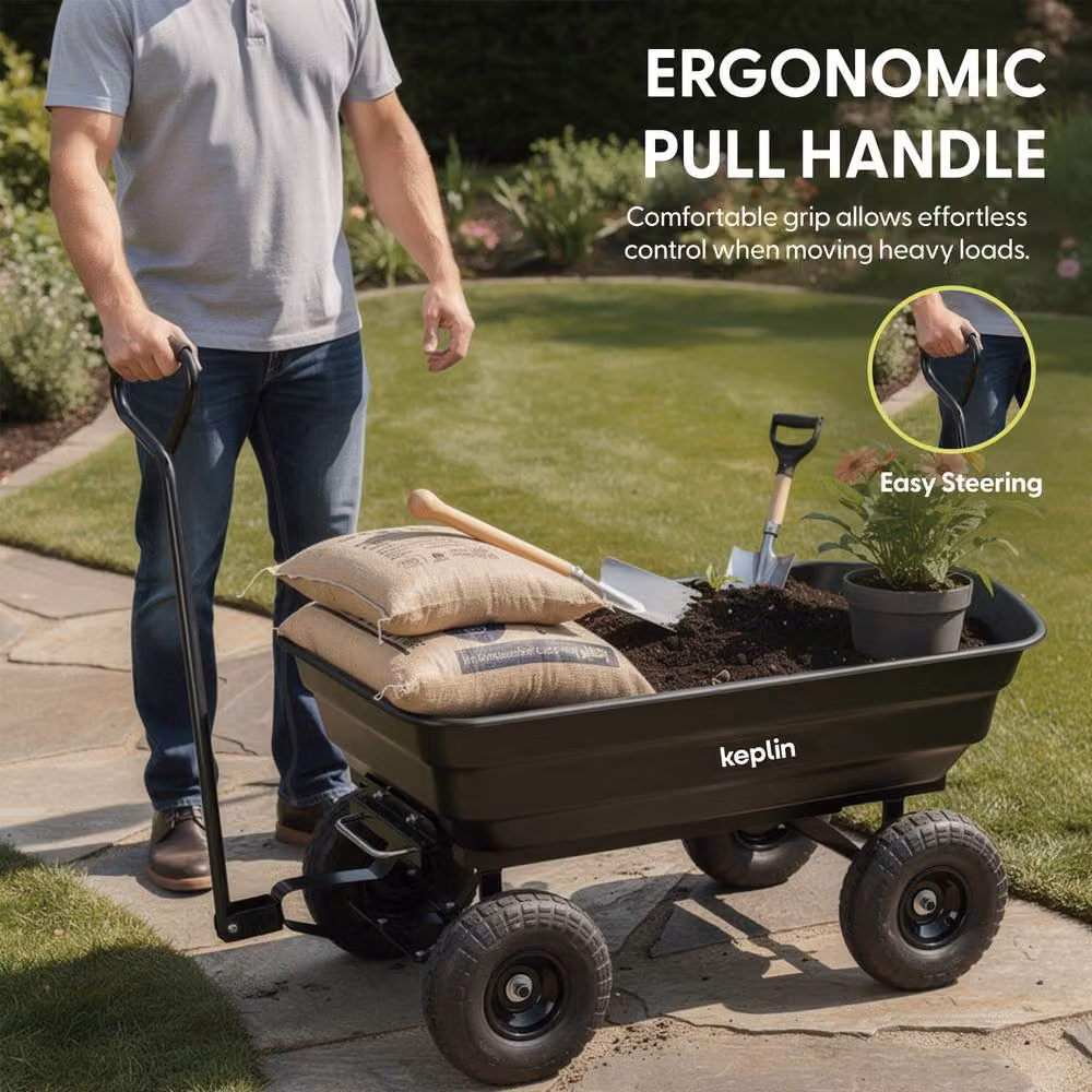 Keplin 75L Garden Cart with Pneumatic Tyres, 4 Wheel Trolley in Black – 4