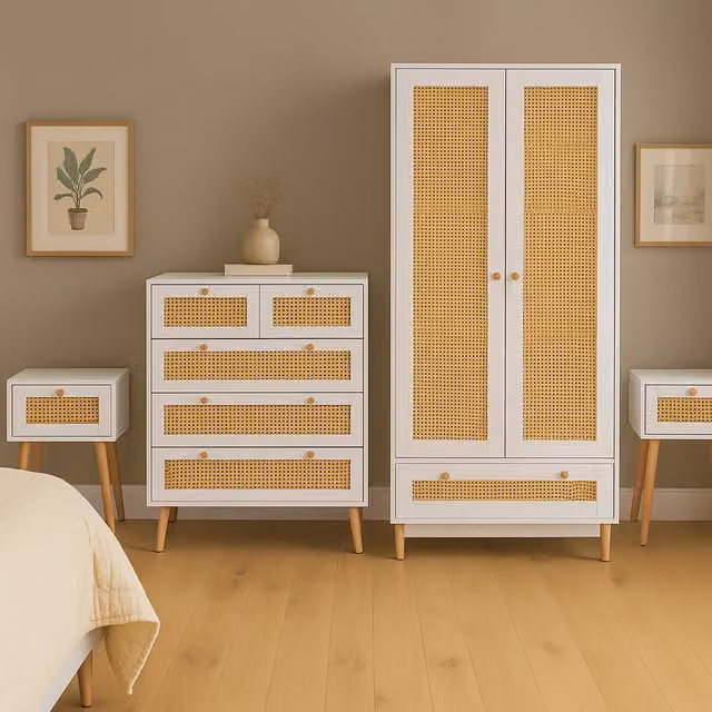 Birlea 4 Piece White and Gold Wooden Bedroom Furniture Set with Rattan Details