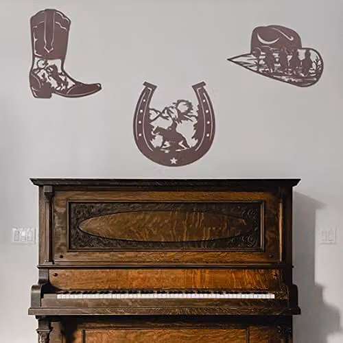 VinSees Set of 3 Rustic Brown Metal Western Wall Art Decor featuring Cowboy Boots, Cowboy Hats and Horses – 4