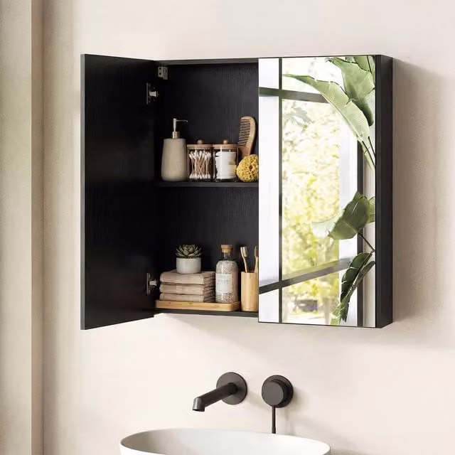 Costway Modern Black Wooden Wall Mounted Bathroom Medicine Cabinet with Mirror and Soft Close Hinged Doors – 1