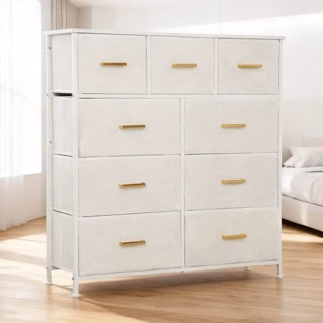 ERGOVEXA Modern Chest of Drawers with 9 Fabric Drawers in Cream/Beige