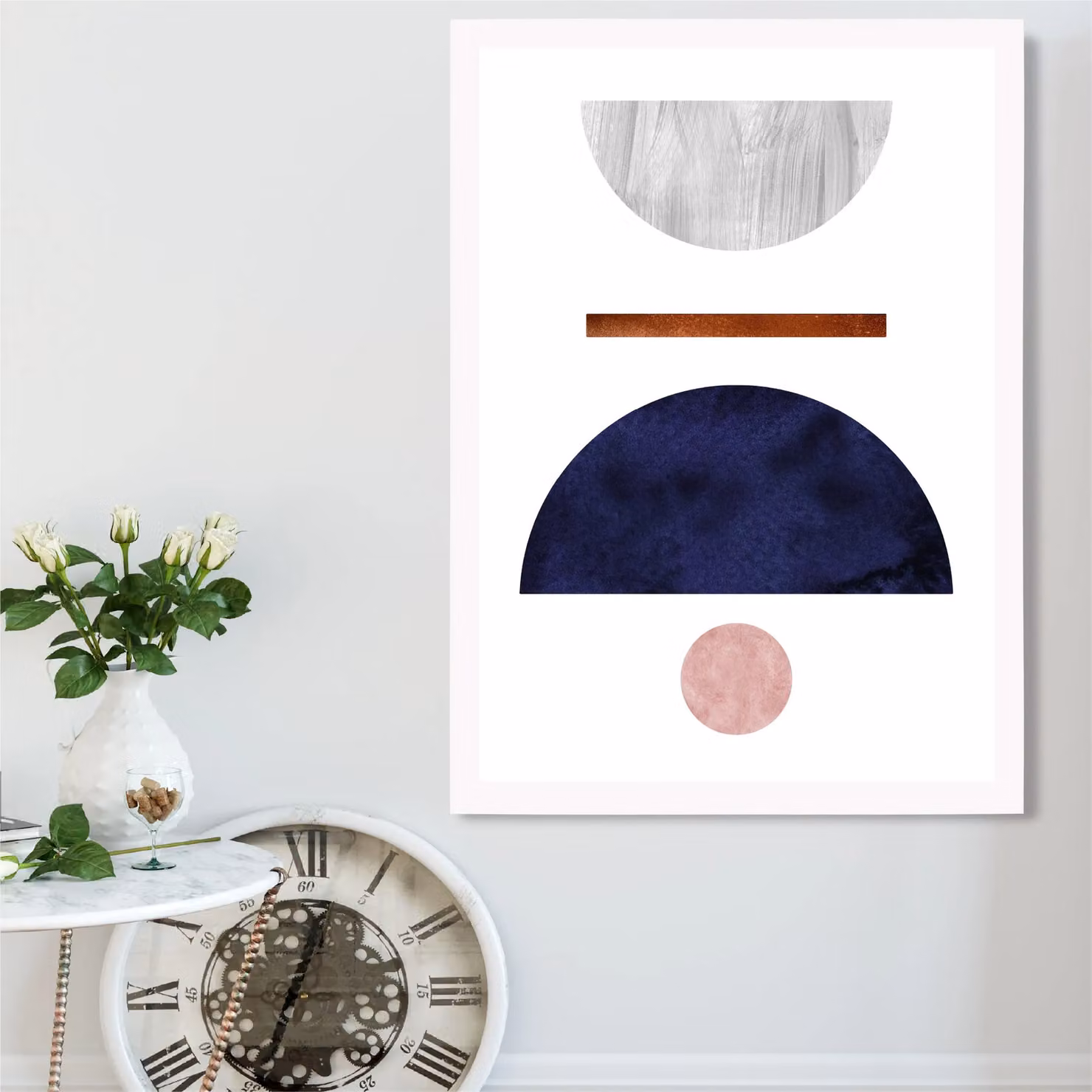 ARTZE Mid Century Geometric Abstract Framed Print in Blue, Grey and Pink – 2