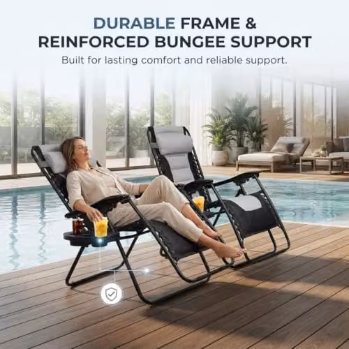 Alivio Set of 2 Padded Gravity Sunloungers in Black with Cup Holders and Side Tray – 7