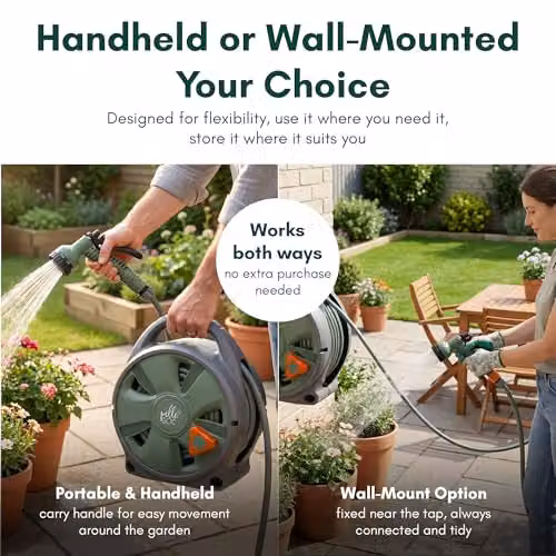 Pelle & Sol Green Wall Mounted Garden Hose Reel with 10m Kink Resistant Hose and 7 Mode Spray Gun – 7