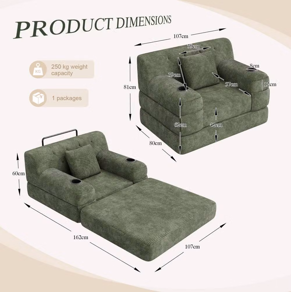 STILVORA Green 1-Seater Sleeper Sofa with Storage Pockets, Cup Holders and Armrests – 2