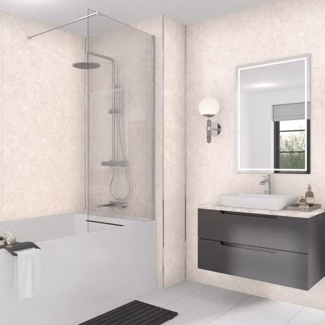 Wetwall Eiger Beige Laminate Tongue and Groove Wall Panel W: 88.0 cm, H: 242.0 cm, D: 1.1 cm