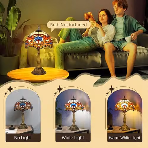 HOMCOM Art Nouveau Stained Glass Tiffany Table Lamp in Blue and Multicolour, W/D/H: 25 x 25 x 45 cm – 4