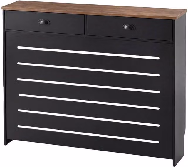 VOGREX Modern Slat Radiator Cover Cabinet with Drawers and Storage Shelf in Matt Black – 1