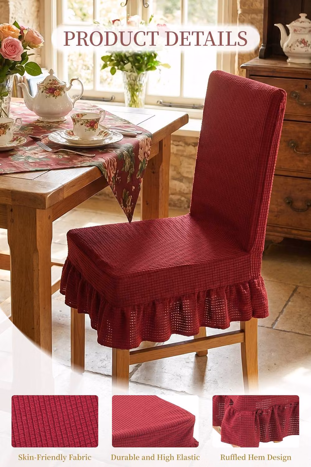 Living and Home Set of 2 Stretch Dining Chair Covers with Ruffled Skirt and Fabric Ties in Red – 3