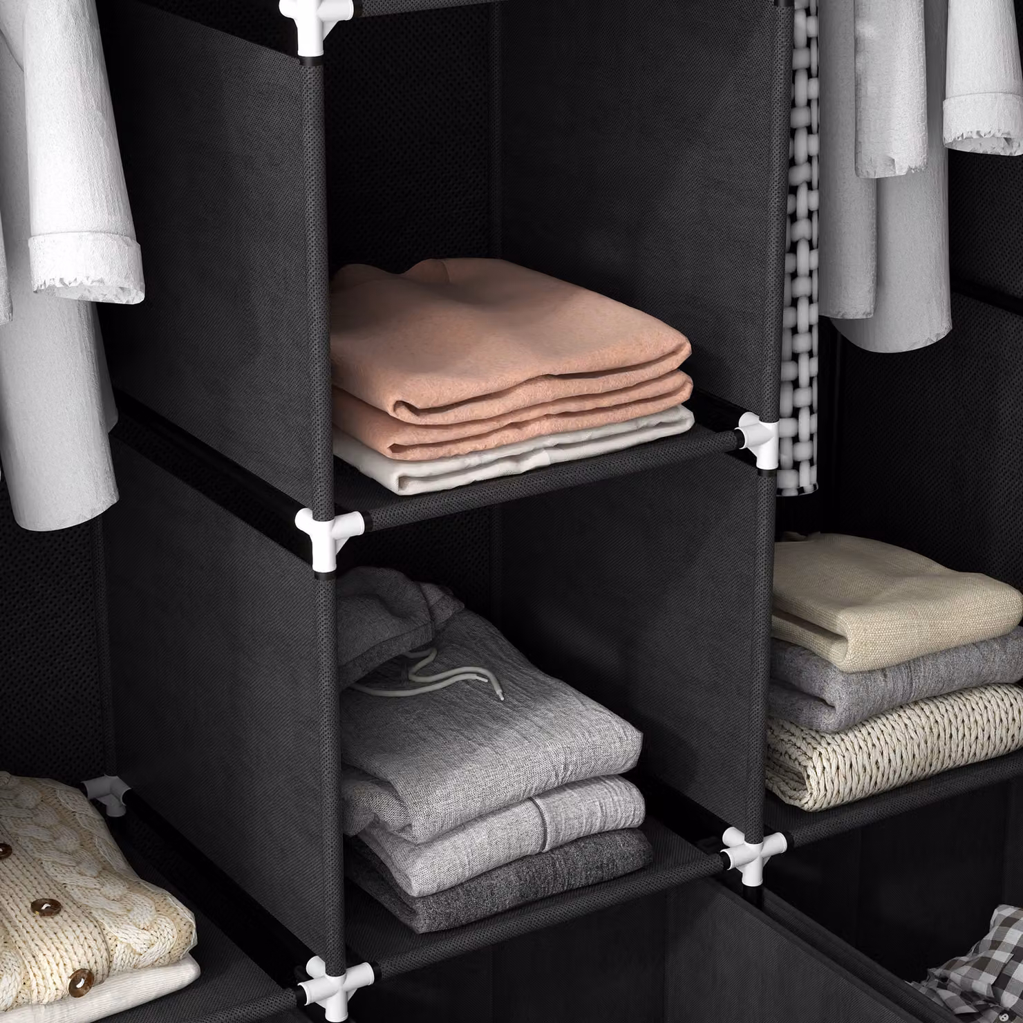 HOMCOM Foldable Fabric Wardrobe in Black with 5 Shelves, 2 Hanging Rails and 3 Drawers – 8