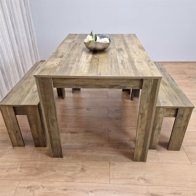 KOSY KOALA Brown Rustic Effect Wood Dining Table and 2 Benches Set