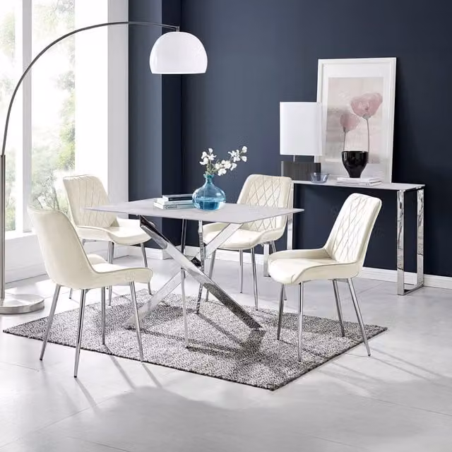 FurnitureboxUK Leonardo White Glass Marble Effect Table with 4 Pesaro Chairs in Cream