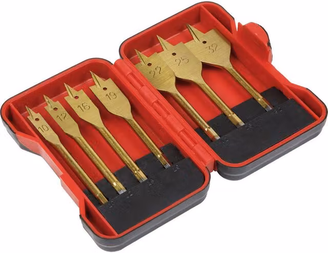 Loops 7 Piece Titanium Coated Flat Wood Drill Bit Set with 1/4 inch Hex Shank and Storage Box in Gold and Multicolour – 1