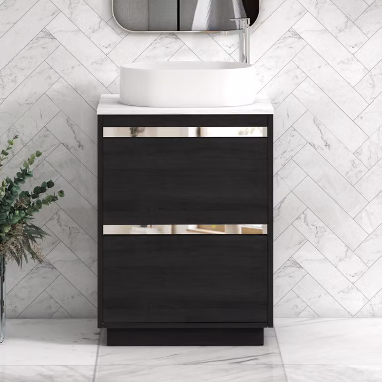 Royal Bathrooms Orion 800mm Hale Black Floor Standing Vanity Unit with Carrara White Countertop, 2 Drawers, Peak Basin and Chrome Accent Trim