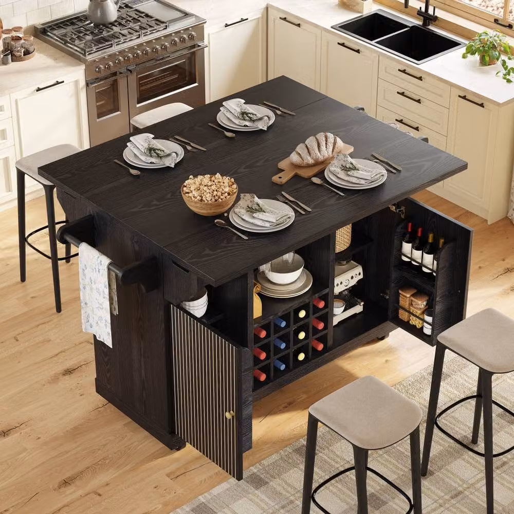 Rolipo Black Kitchen Trolley on Wheels with Wine Rack and Extendable Table – 3