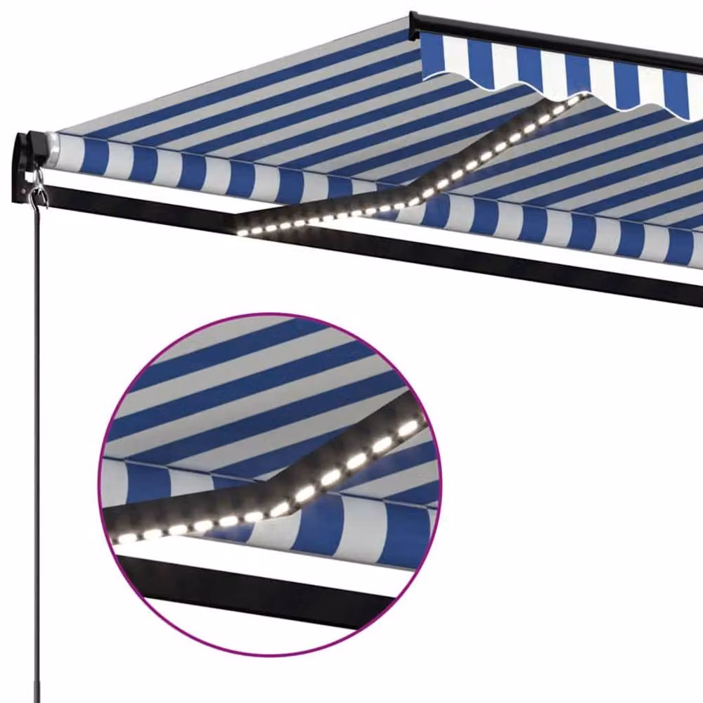 Berkfield Home Manual Retractable Awning with LED, Blue and White Striped Polyester, W: 500 cm, D: 300 cm – 3