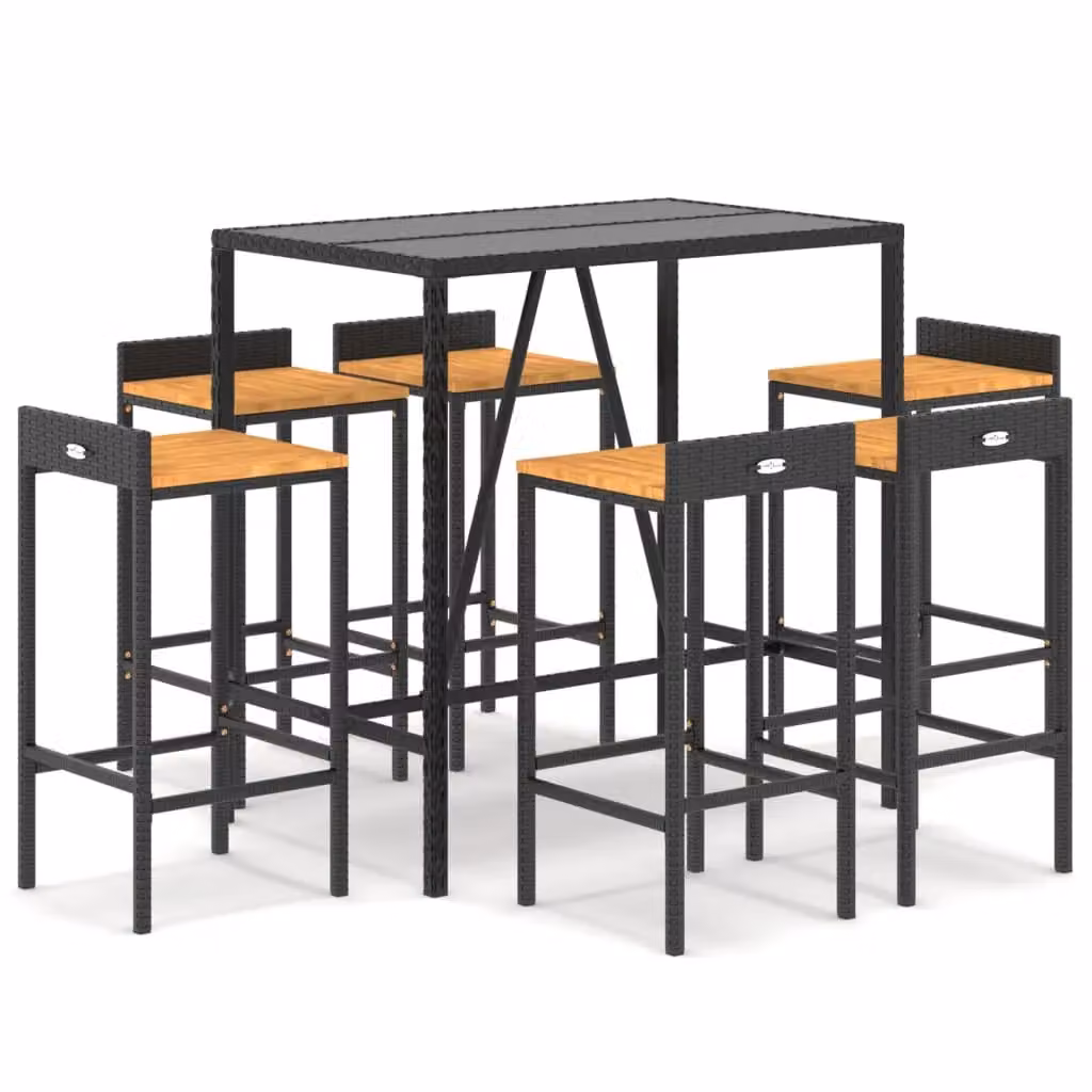 Berkfield Home 7 Piece Garden Bar Set in Black Poly Rattan and Solid Acacia Wood – 2