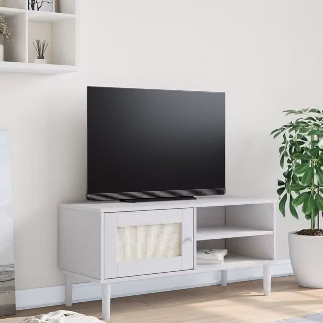 Berkfield Home SENJA TV Cabinet in White Rattan Look Solid Pine Wood, W: 106 cm, D: 40 cm, H: 49 cm