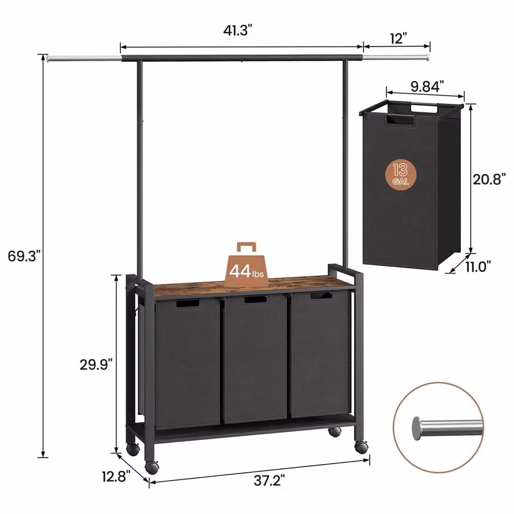 VOGREX 3-Compartment Pull-Out Metal Laundry Hamper with Removable Fabric Bags, Black, 49L – 2