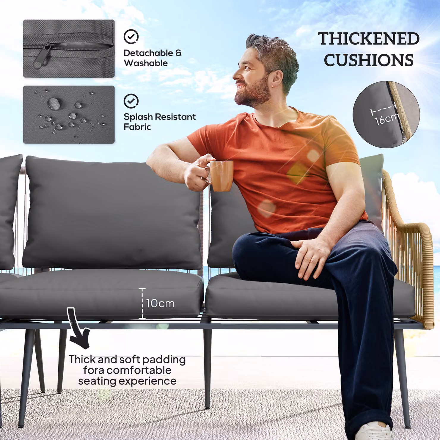 Outsunny 6 Piece L-Shape Garden Furniture Set with Corner Sofa, Ottoman, Coffee Table and Grey Cushions in Light Brown – 4